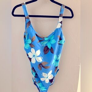 Speedo Blue and White One Piece Swimsuit with Floral Design